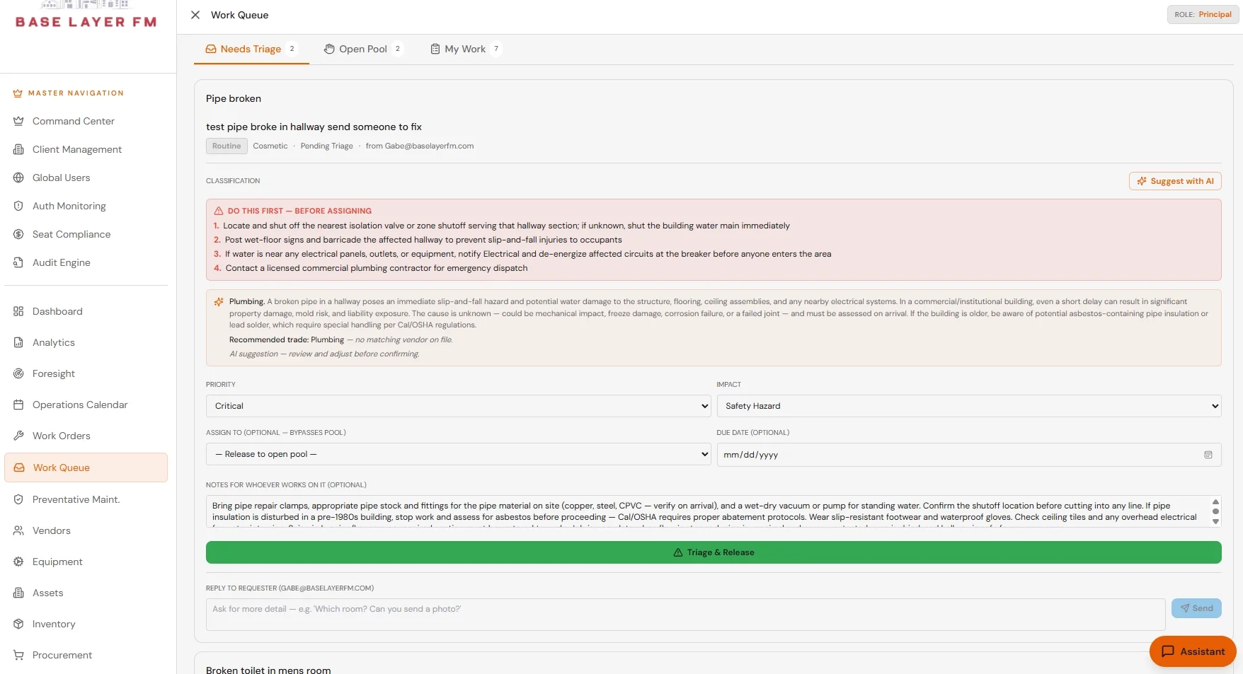 Work queue triage screen with AI classification, safety-first steps, priority and impact settings, and vendor recommendation