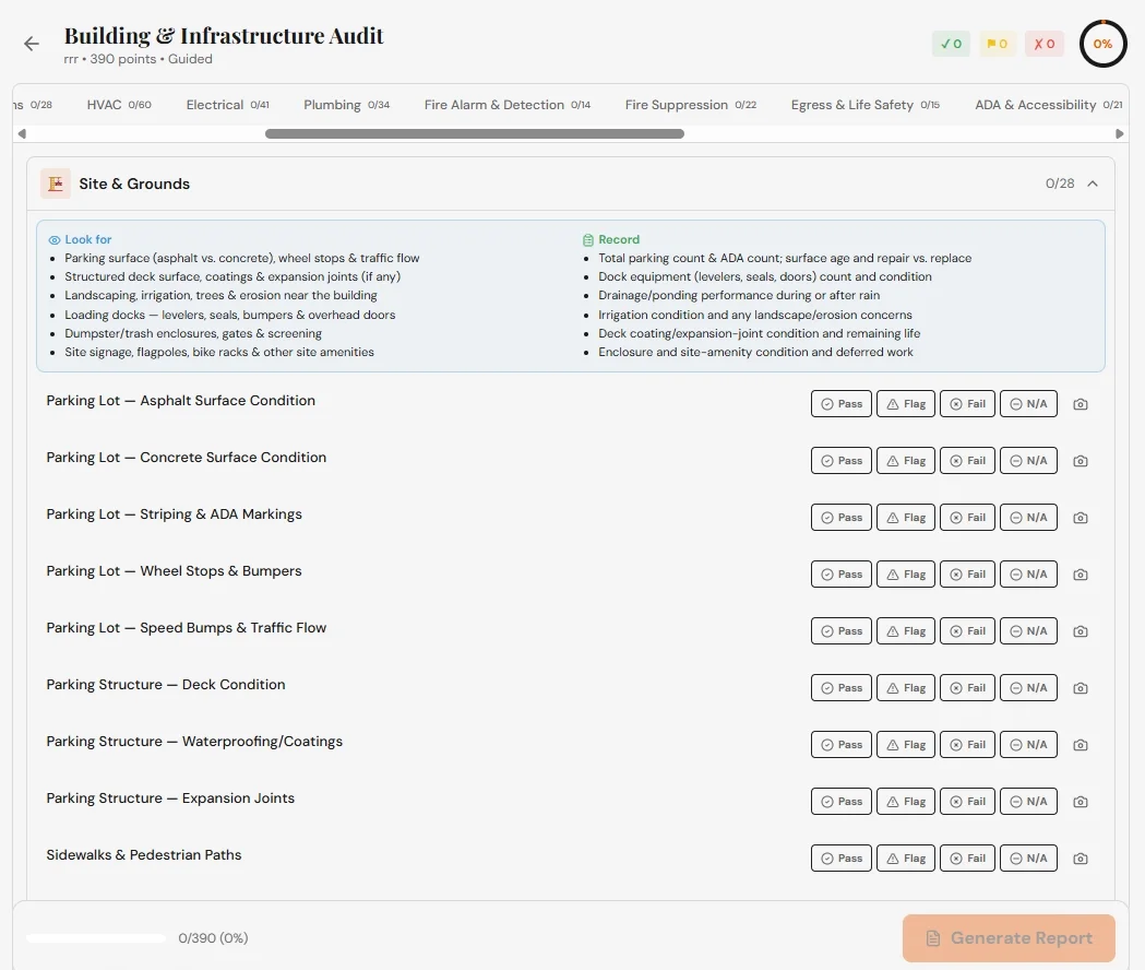390-point building and infrastructure audit checklist with pass, flag, fail buttons and per-item photo capture