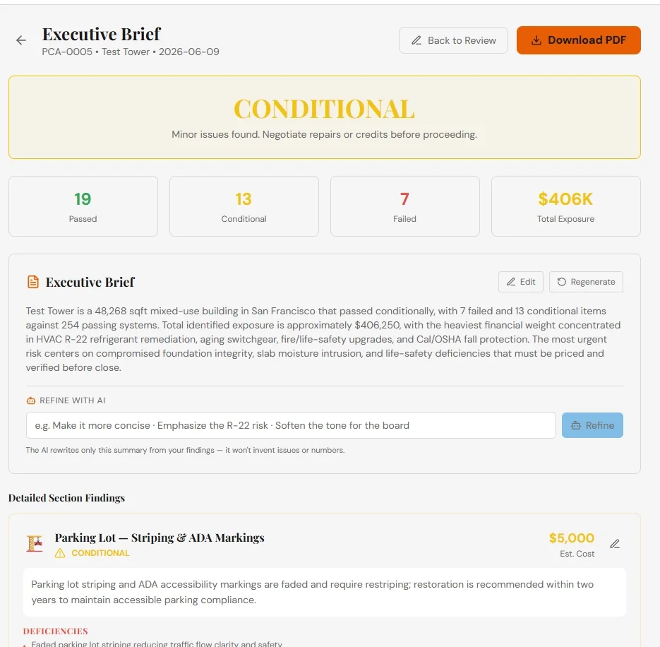 Executive brief generation screen with AI-written summary and refine-with-AI controls