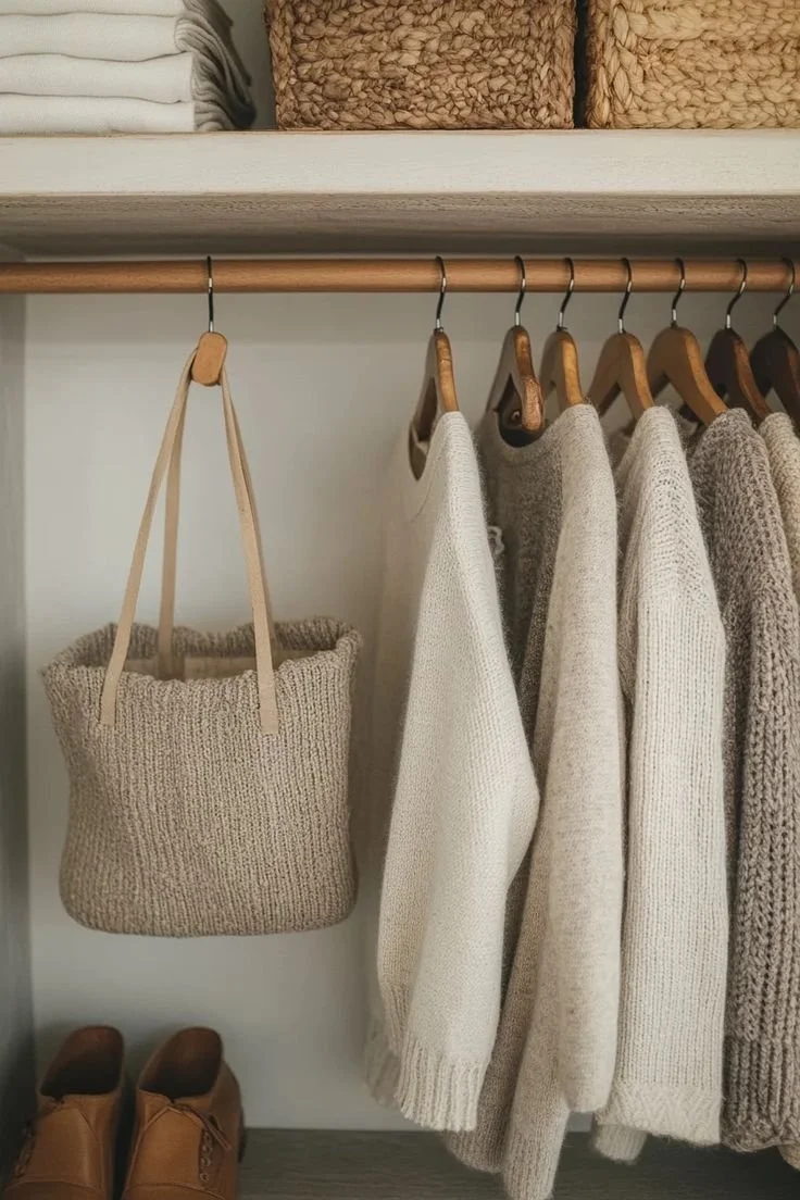 Closet with beige and white sweaters hanging on a wooden rod, a beige knitted tote bag hanging, and brown shoes on the floor.