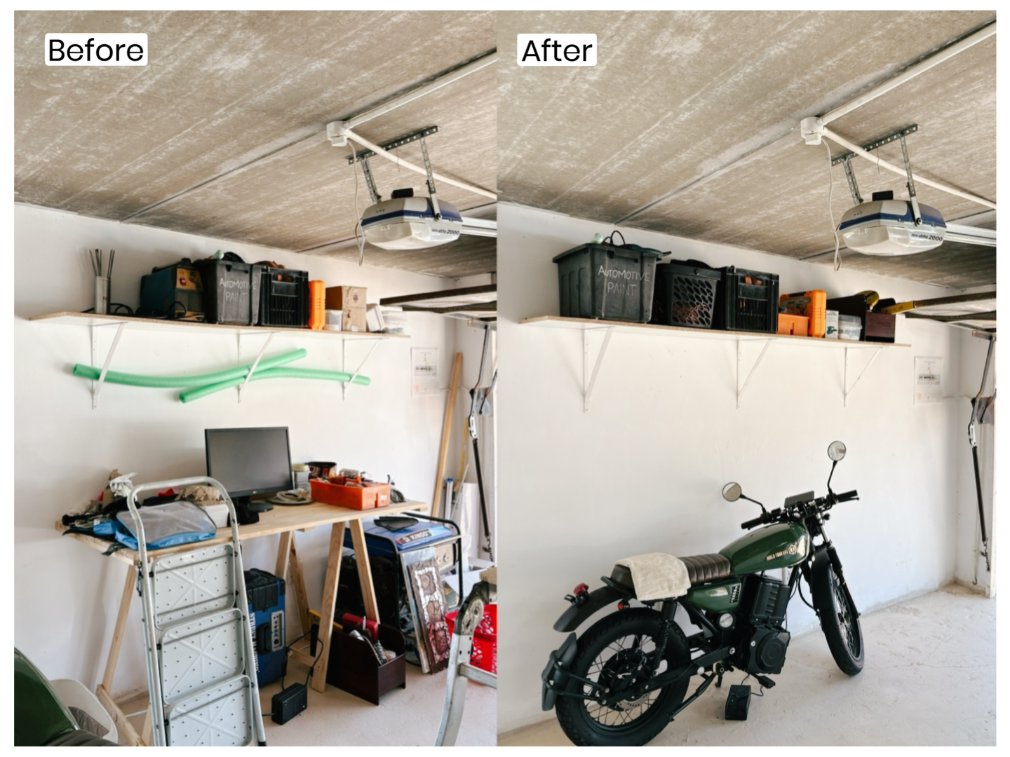 Comparison of a garage before and after cleaning: cluttered workspace with tools, computer, and storage on the left; organized with a motorcycle on the right.
