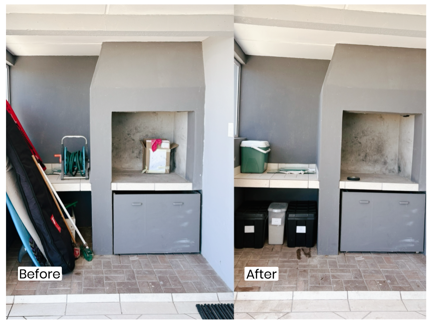 Side-by-side comparison of a built-in outdoor fireplace or grill area, showing cluttered and clean versions. Before: The area has tools, a hose, and miscellaneous items. After: The area is cleaned out with only a few storage containers and a small trash bin visible.
