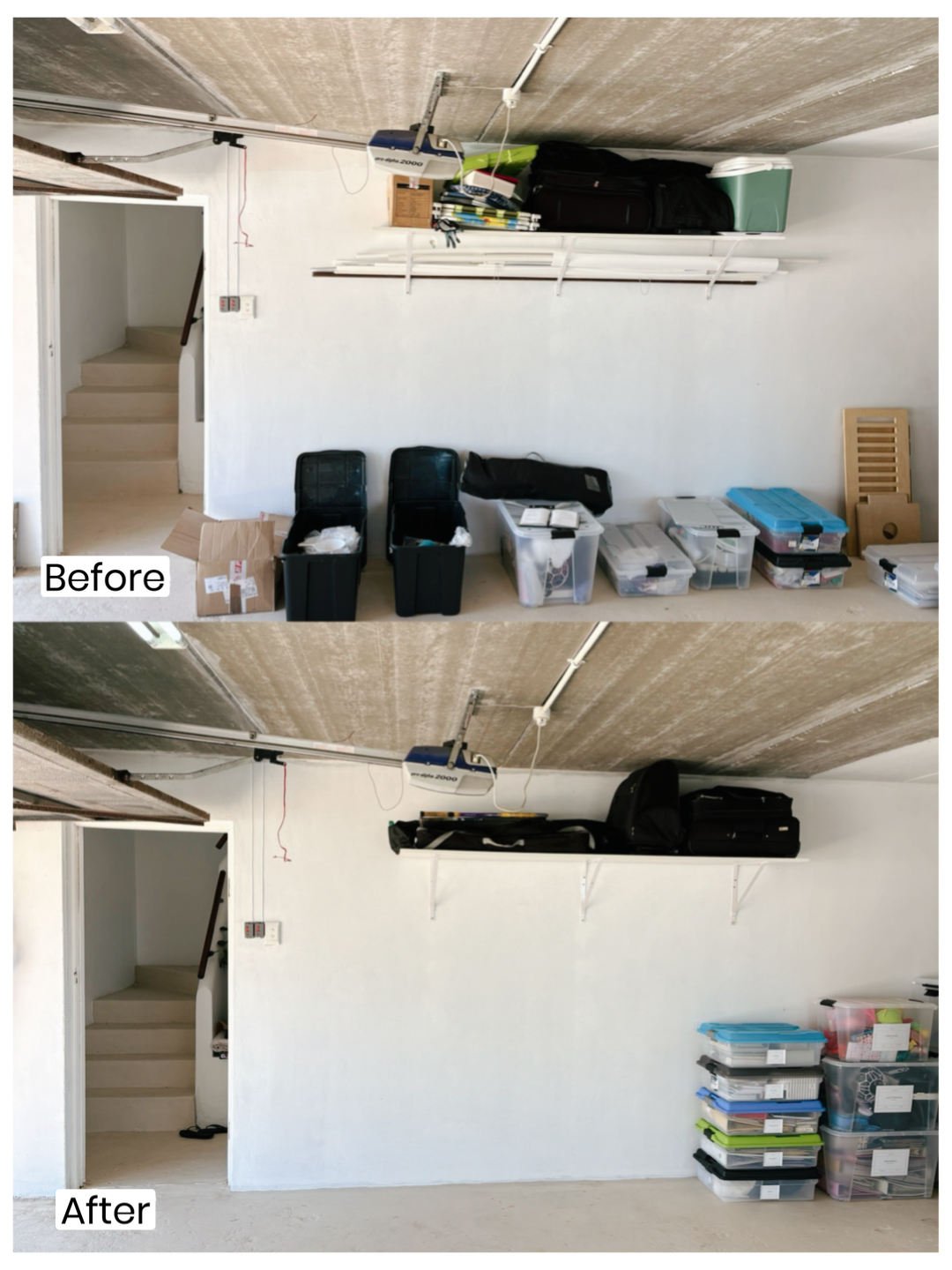 Comparison of a garage before and after organization, showing removal of clutter from shelves and floor, with neatly stacked storage containers in the after image.