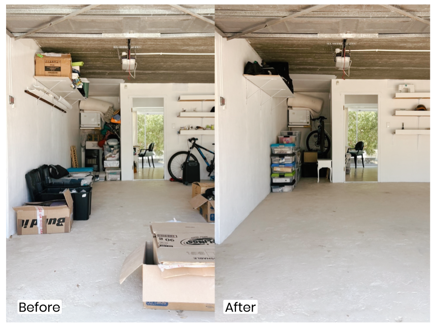 Comparison of a garage before and after cleaning; cluttered on the left, clean and organized on the right.