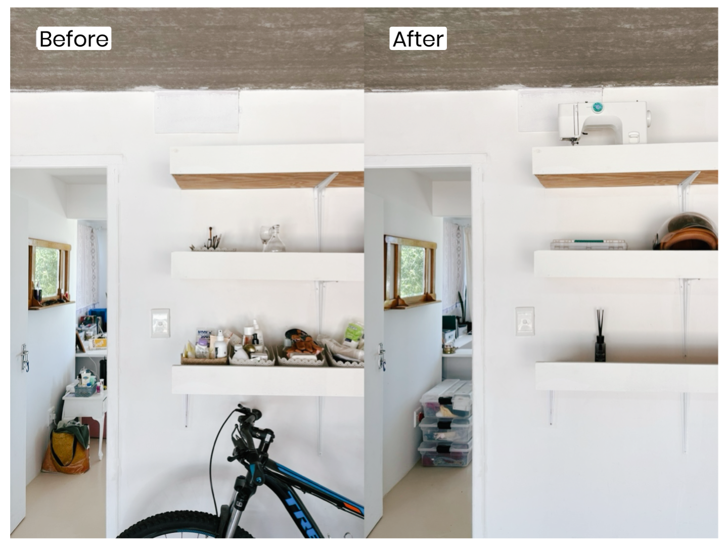 Side-by-side images showing a room's shelf before and after cleaning; the before shelf is cluttered with bottles, tools, and miscellaneous items, while the after shelf is mostly clear with minimal items.