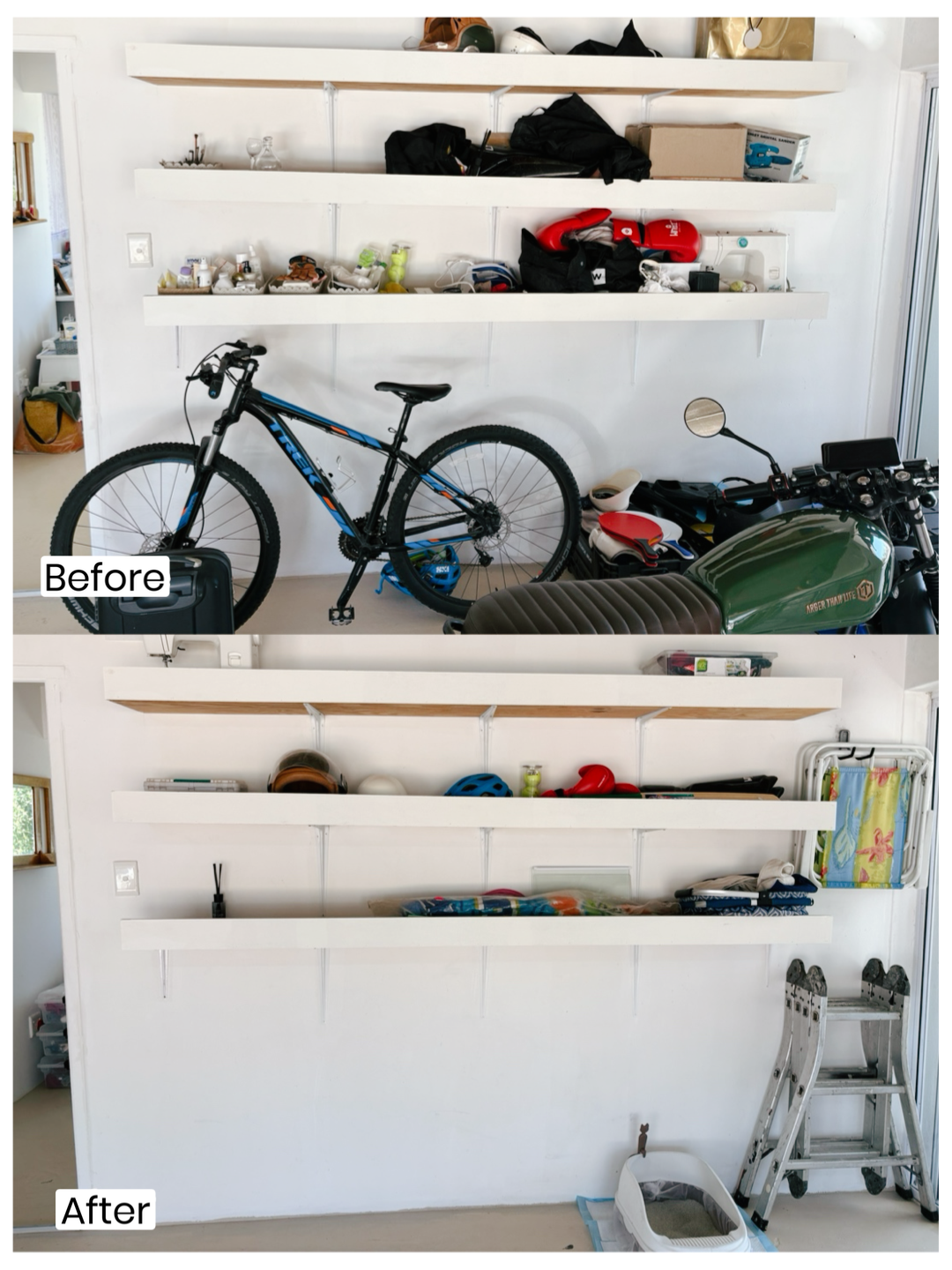 A garage wall with empty white shelves before and after cleaning. The top image shows clutter like bikes, helmets, and storage items. The bottom image shows the shelves cleared and organized.