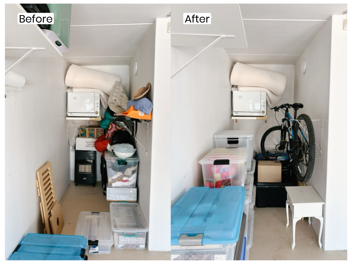 Before and after images of a small storage closet with items organized and clutter removed, showcasing a cleaner space with neatly stacked plastic storage bins, a bicycle, and a small white table.
