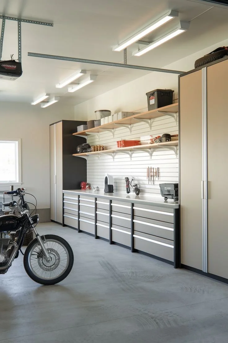Clean garage with white cabinets, open shelving, and a motorcycle parked on a concrete floor.