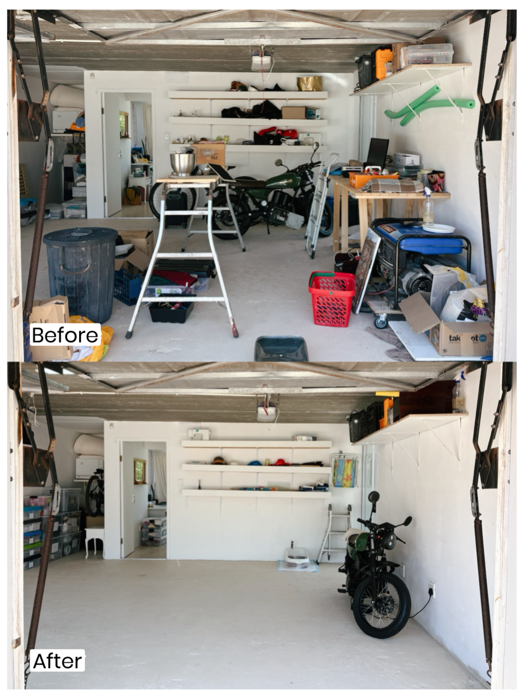 Garage before and after organization: cluttered with tools, boxes, a motorcycle, and various items in the before image; clean, empty space with a motorcycle, shelving, and minimal items in the after image.