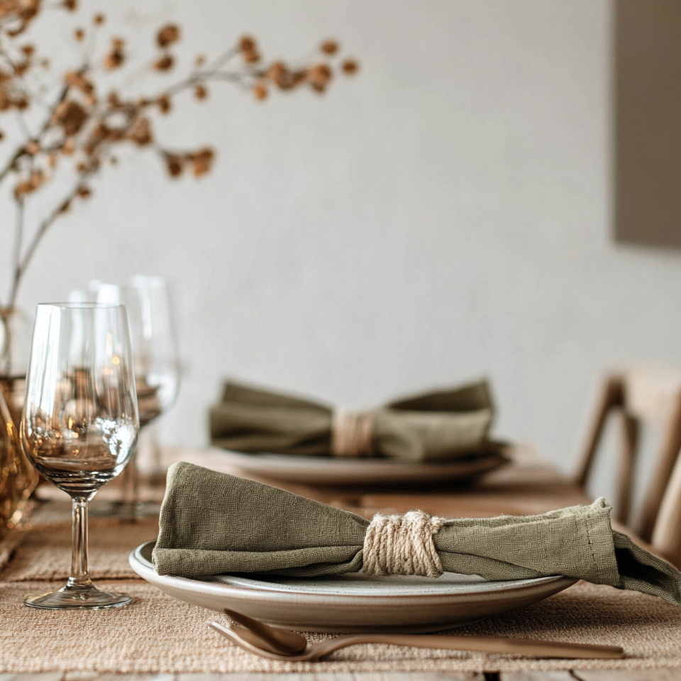 A close-up of a dining table setting with a plate, green cloth napkin tied with twine, a spoon, empty glass, and additional tableware in the background, decorated with autumn-themed dried branches.