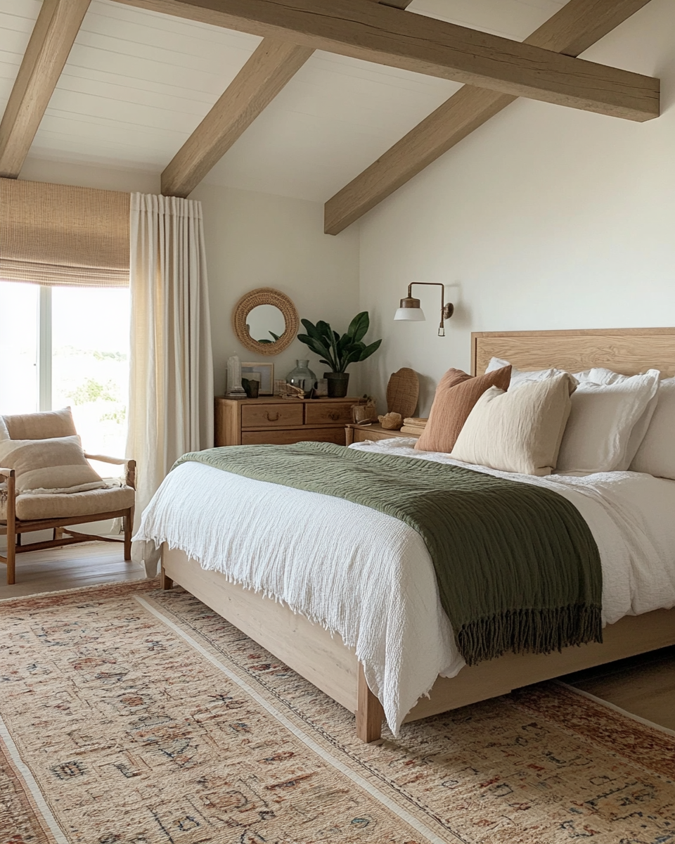 A cozy bedroom with a bed dressed in white linens, a green throw blanket, and beige and brown pillows. There is a wooden dresser with decorative items, a mirror, a large green plant, and a wall-mounted lamp. A armchair with a cushion sits near a wind