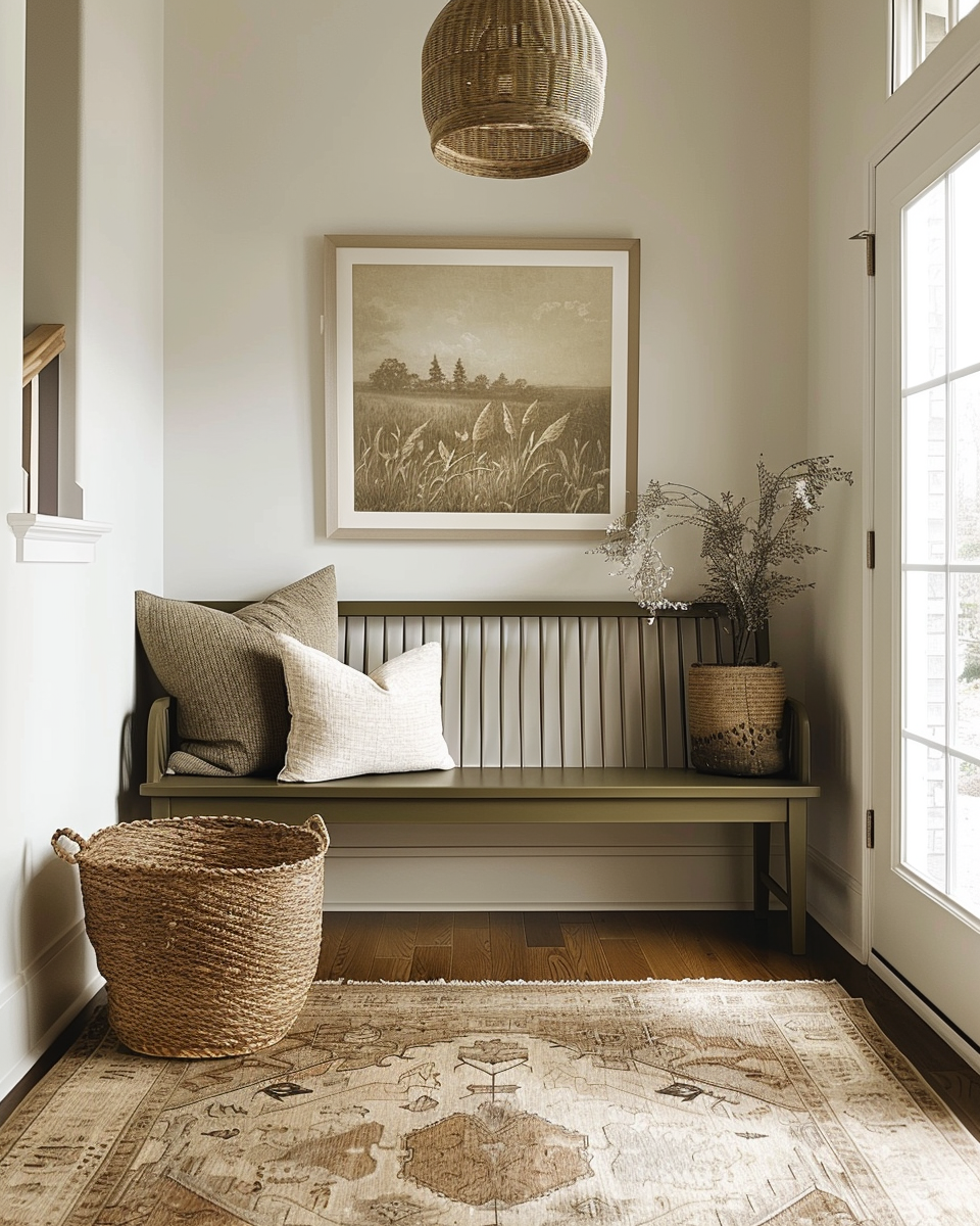 A cozy entryway with a gray bench, decorative pillows, a wicker basket, potted plants, framed landscape art, a woven pendant light, and a rug, illuminated by natural light from glass doors.