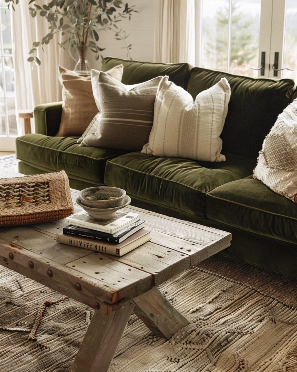 Living room with a dark green couch adorned with beige, gray, and patterned pillows, and a rustic wooden coffee table with books, a bowl, and a wicker tray, with natural light coming through large windows.
