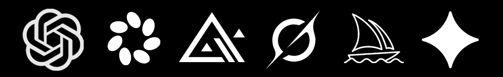 Logos for ChatGPT, Meta AI, Flux, Grok, Midjourney, Google Gemini