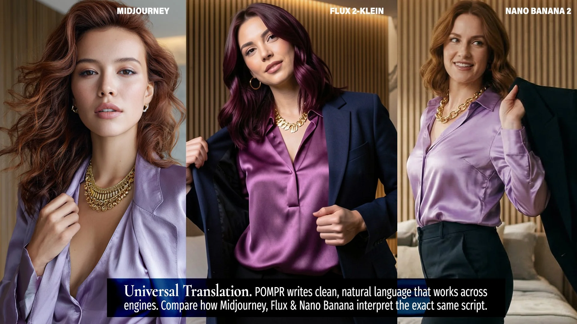 Universal Translation. POMPR writes clean, natural language that works across engines. Compare how Midjourney, Flux & Nano Banana interpret the exact same script.