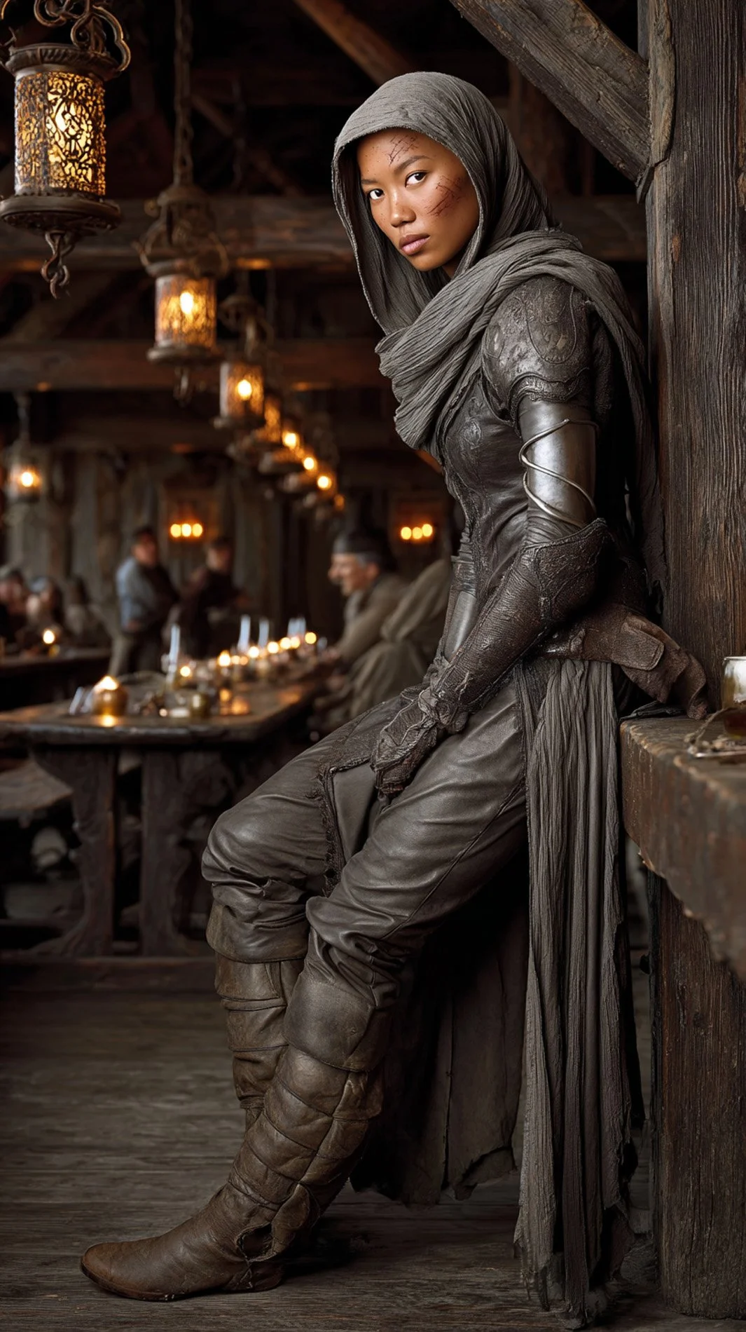 A woman in medieval or fantasy-style armor and gray headscarf sitting against a wooden wall in a tavern, with a few characters in medieval attire in the background.  Part of the Fantasy reel in the POMPR store.