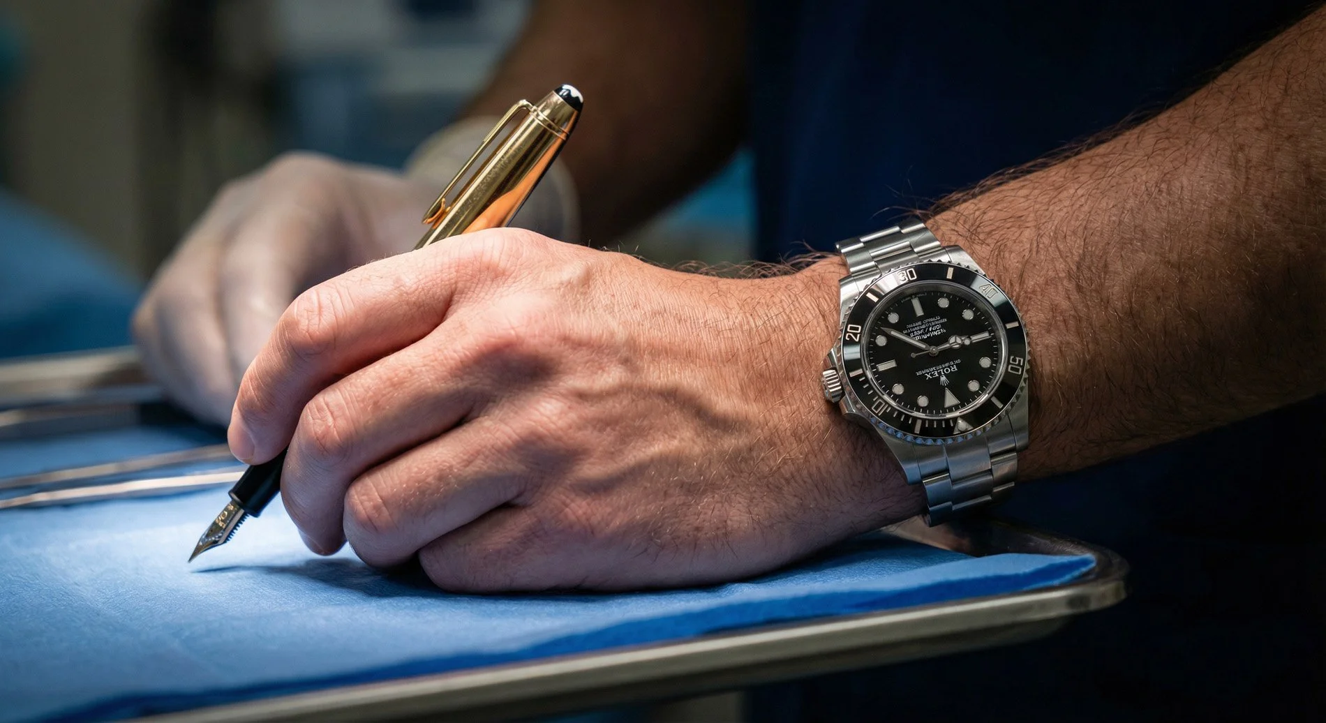 A person is writing with a gold pen on a surface, wearing a Rolex dive watch with a metal band on their wrist. Generated with POMPR-PRO.