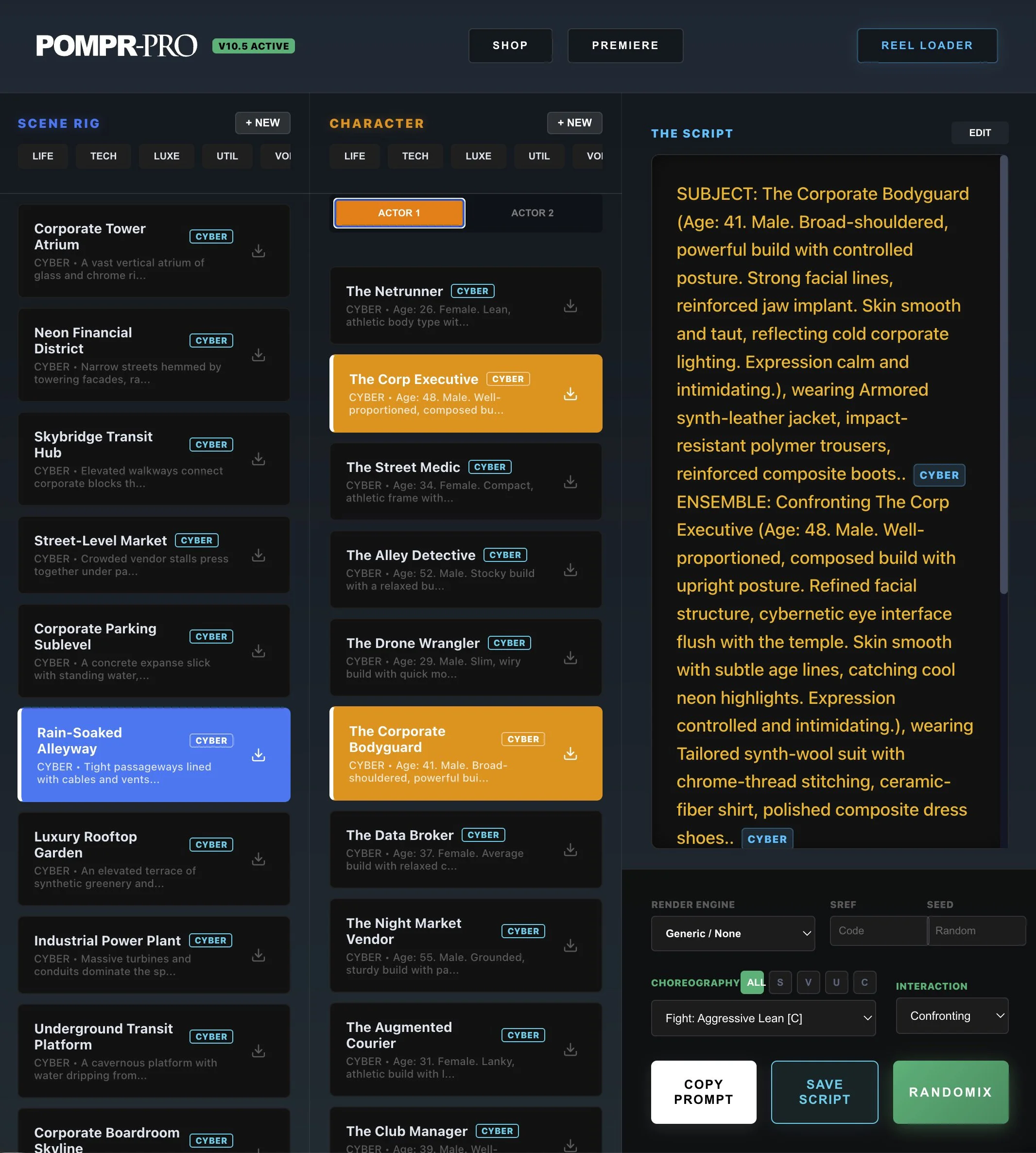 Screenshot of Pompr-Pro interface showing character profiles, scene rig options, and script editing panels for a cyber-themed production. The script describes a 41-year-old male corporate bodyguard with a powerful build, sharp facial features, and cybernetic enhancements, wearing tactical gear and carrying a chrome-thread stitch suit.