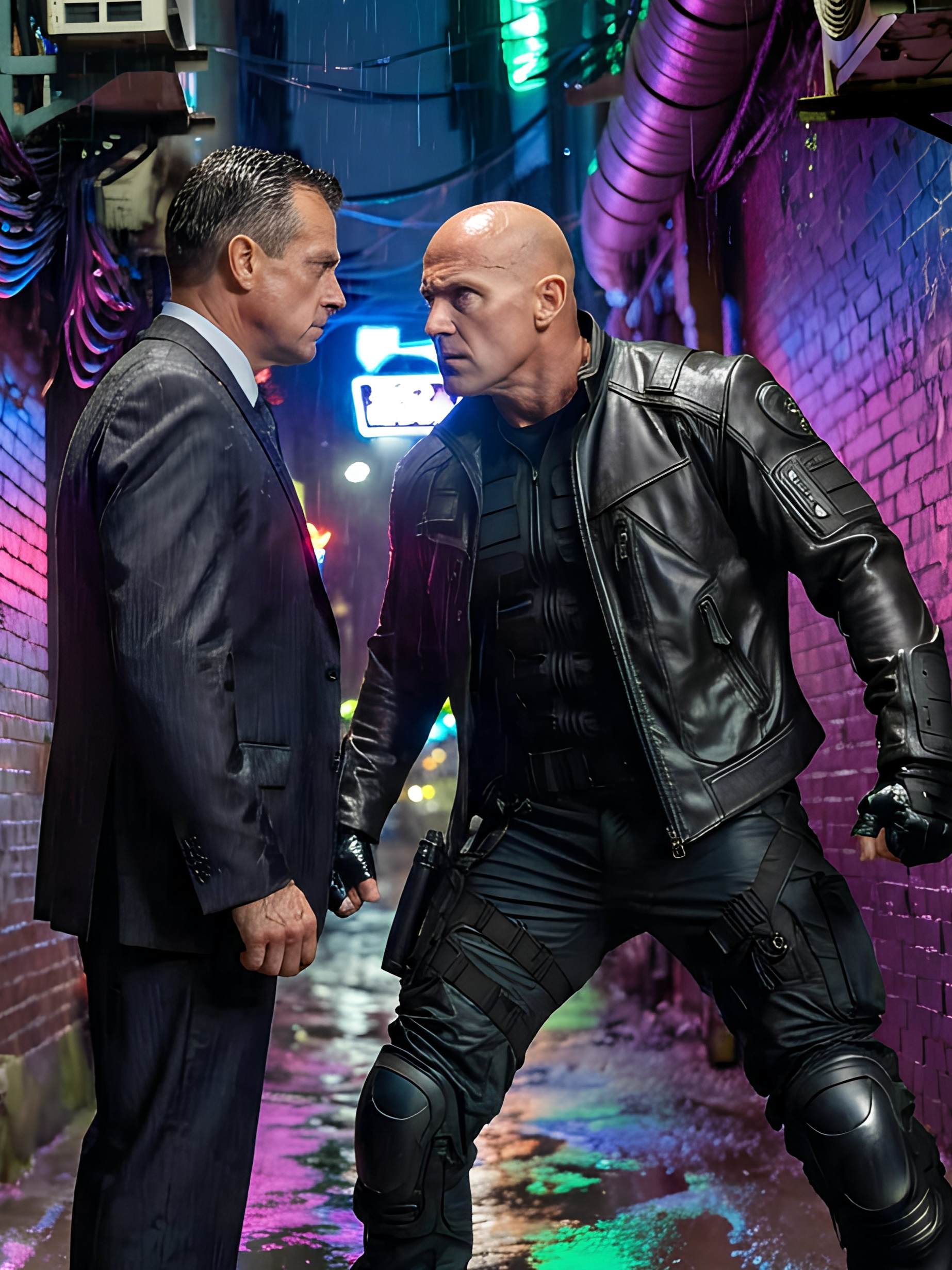 Two men face off in a neon-lit alleyway, one in a formal suit and the other in tactical black gear.