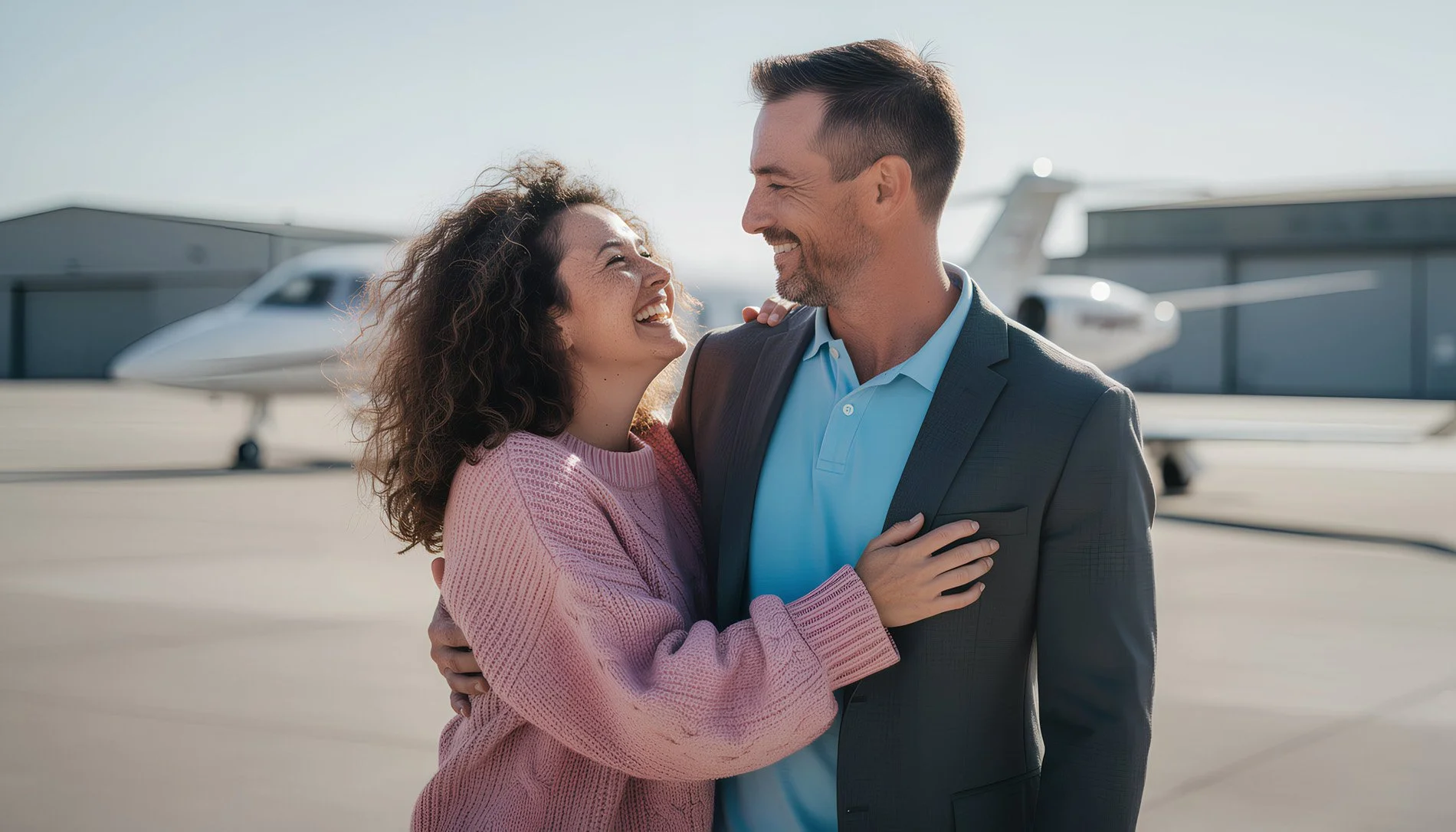 A woman and man smiling and embracing near private jets at an airport.
Generated with POMPR-PRO.