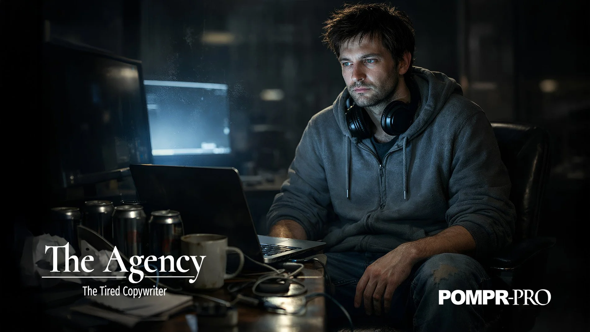 A man with disheveled hair wearing a gray hoodie and headphones around his neck working on a laptop in a dark room with a cluttered desk with cans and a coffee mug, looking tired and focused. Part of the Agency reel in the POMPR store.