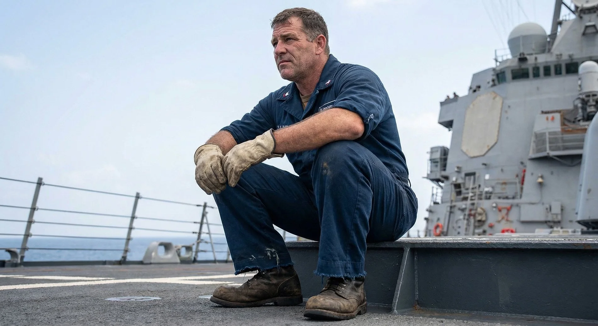 A man in navy coveralls and work gloves sits on the deck of a military ship, looking thoughtful, with the ship and ocean in the background.  Generated with POMPR-PRO's Navy Reel.