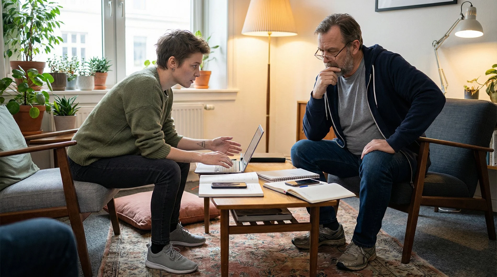 A young woman and an older man are sitting opposite each other in a living room, engaged in a serious conversation. The woman is gesturing with her hands while the man listens thoughtfully, with his hand on his chin. There are laptops, notebooks, and