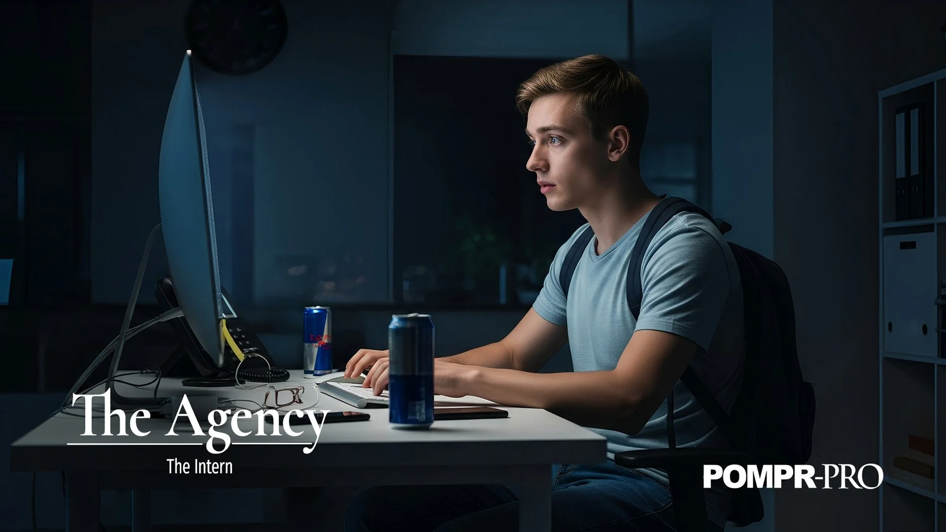 A young man with a backpack sitting at a desk in a dimly lit room, working on a computer. The desk has two cans of Red Bull, a pair of glasses, and a notebook. The room has a dark, modern office ambiance with files and shelves in the background. Part