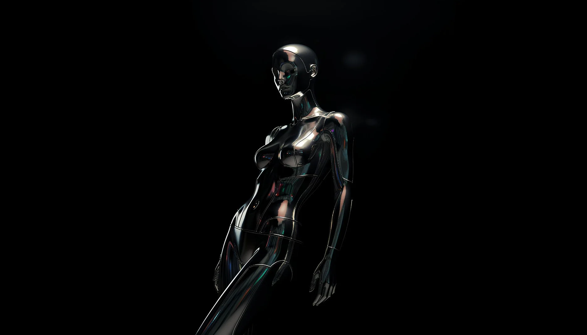 A sleek, metallic female mannequin standing in a dark background, with reflective surfaces and minimal lighting highlighting her contours. Generated with POMPR-PRO.