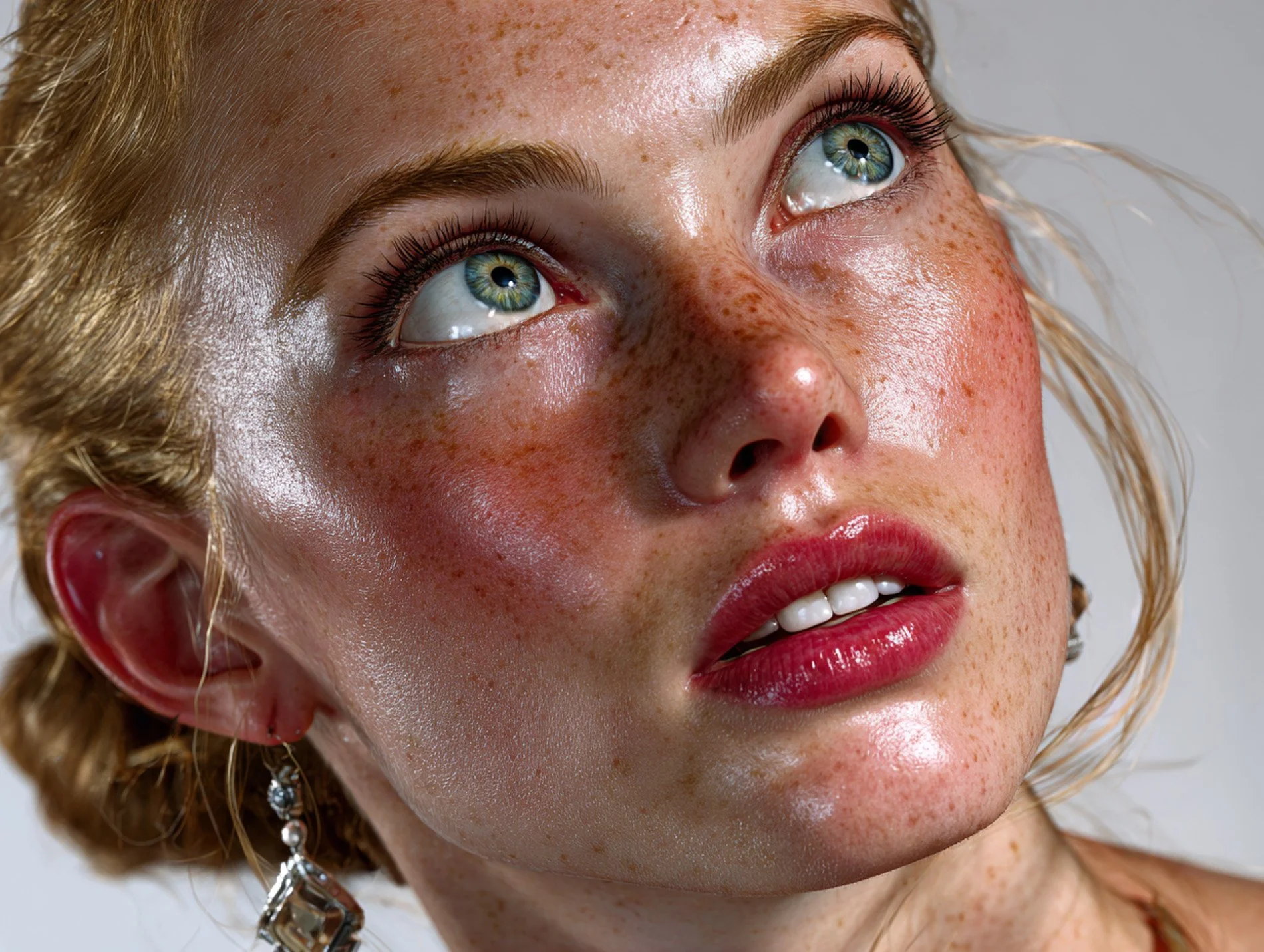 Close-up of a woman with freckles, red lipstick, clear skin, green eyes, and blonde hair styled back, wearing a decorative earring. Part of the Studio reel in the POMPR store.