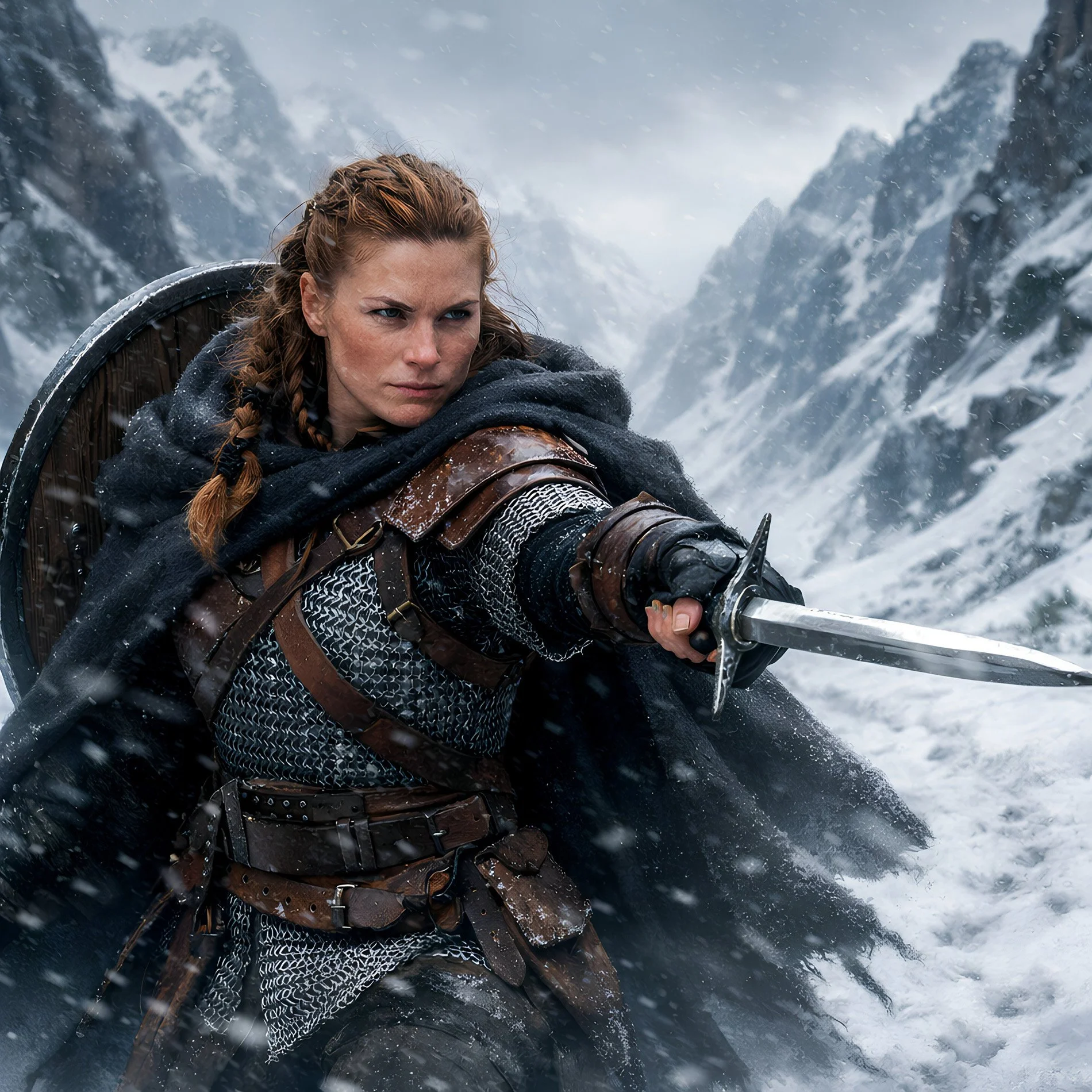 A woman in medieval armor and clothing, holding a sword, stands in a snowy mountainous landscape with snow and stormy sky. Generated with POMPR-PRO. Fantasy reel.