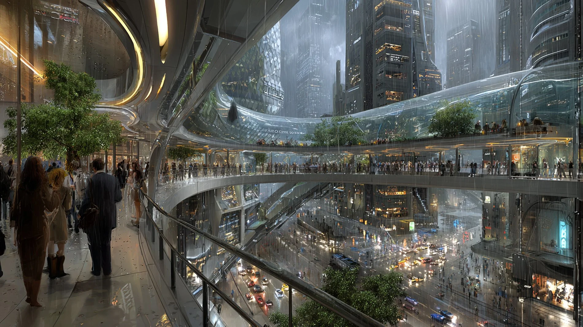 Futuristic urban shopping mall with multiple levels, glass walkways, and trees. Towering skyscrapers and busy streets with cars are visible outside the large glass windows. Do locations sets with scenes only!