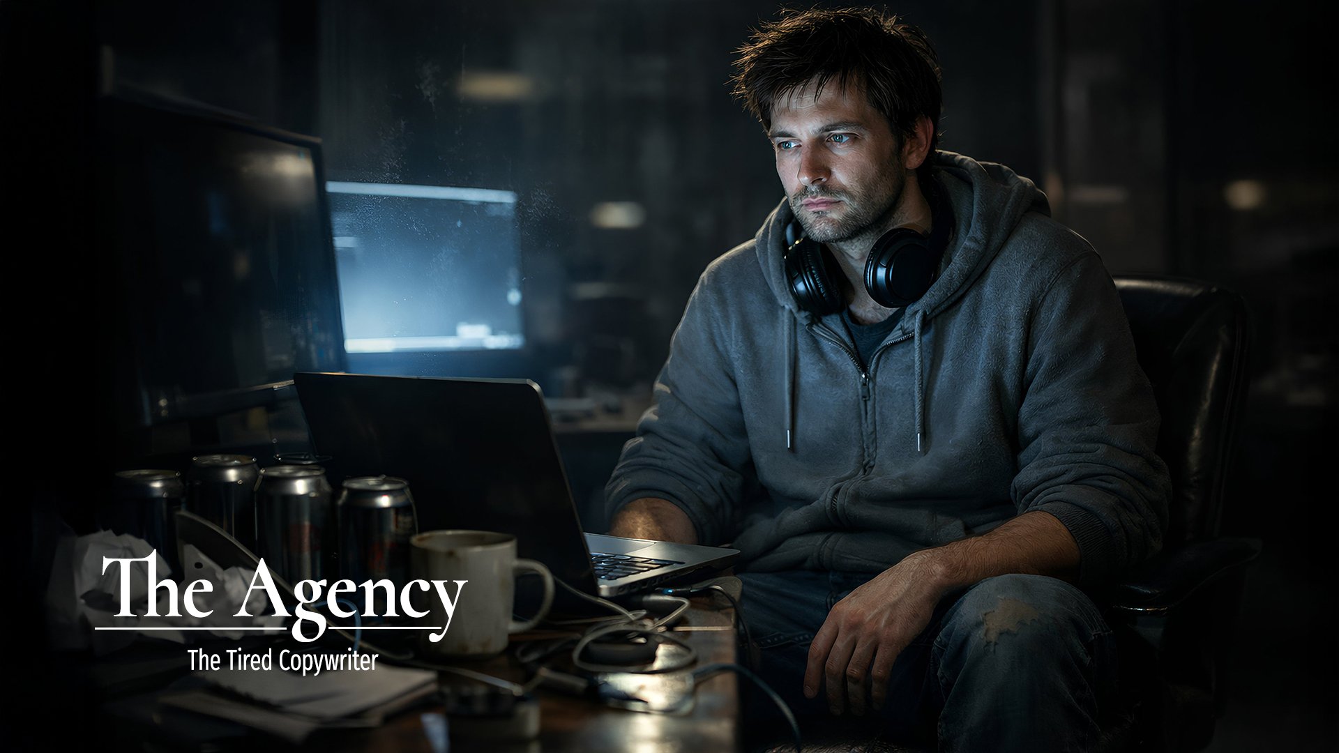 A man with disheveled hair wearing a gray hoodie and headphones around his neck working on a laptop in a dark room with a cluttered desk with cans and a coffee mug, looking tired and focused. Part of the Agency reel in POMPR Studio.