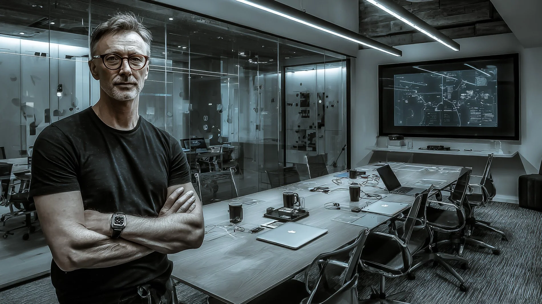 A man with glasses and gray hair standing with crossed arms in a modern conference room with laptops, coffee mugs, and a large screen display showing a digital interface. Part of the Agency reel in the POMPR store.
