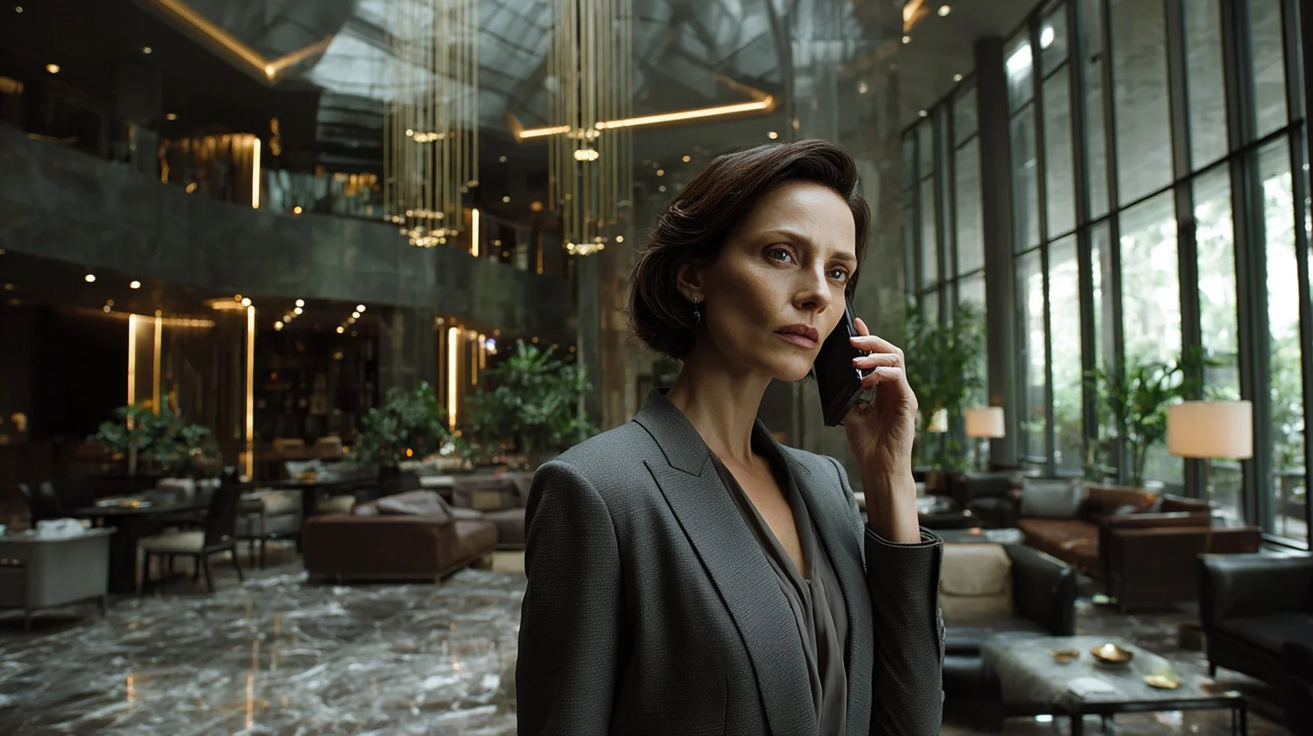 Businesswoman in formal attire talking on a mobile phone in a luxurious hotel lobby with large windows, modern lighting, and stylish furniture. Part of the Corp reel in the POMPR store.