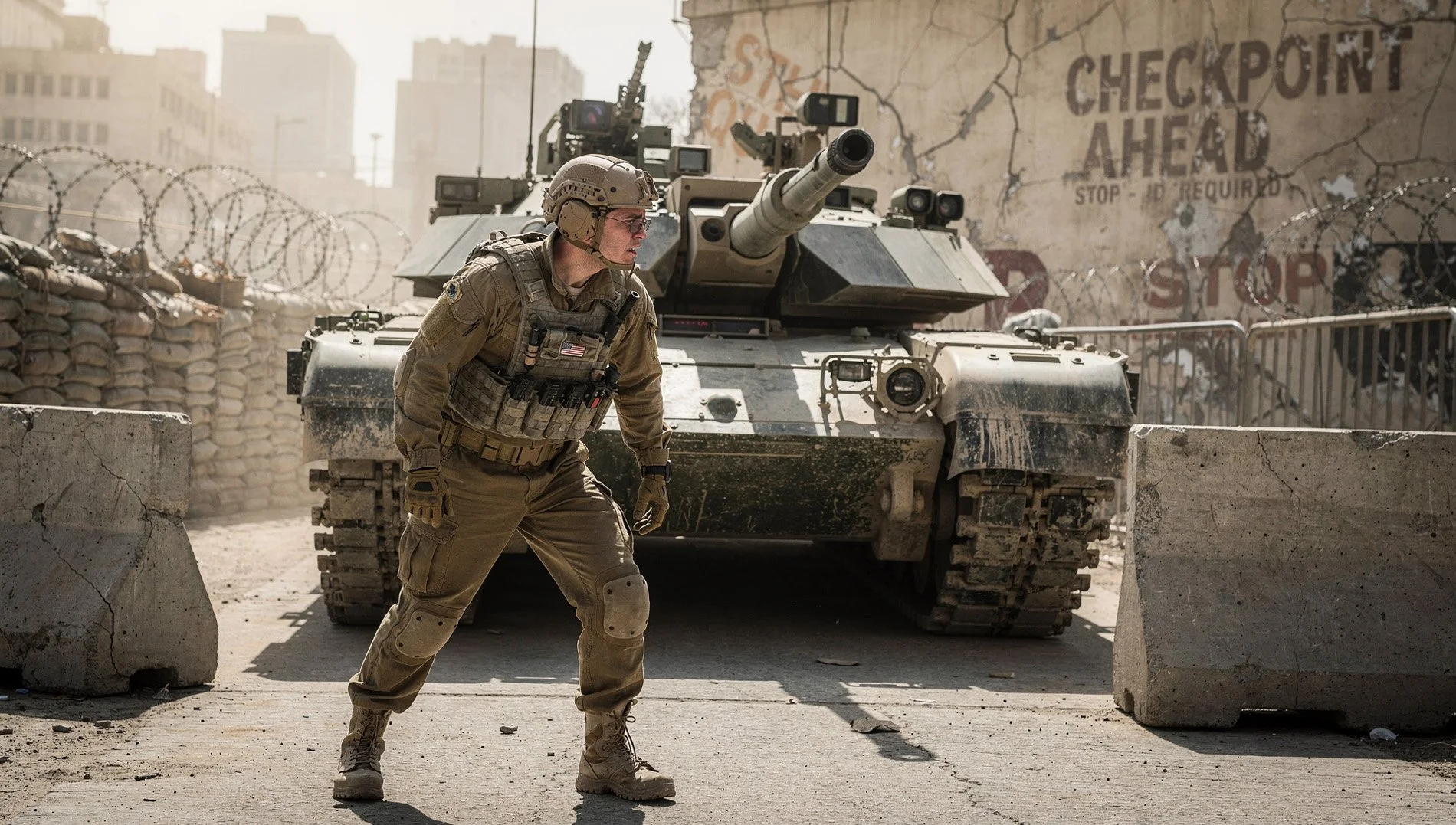 A soldier in tactical gear standing in front of a military tank behind concrete barriers on a city street.Generated with POMPR-PRO's Army reel.