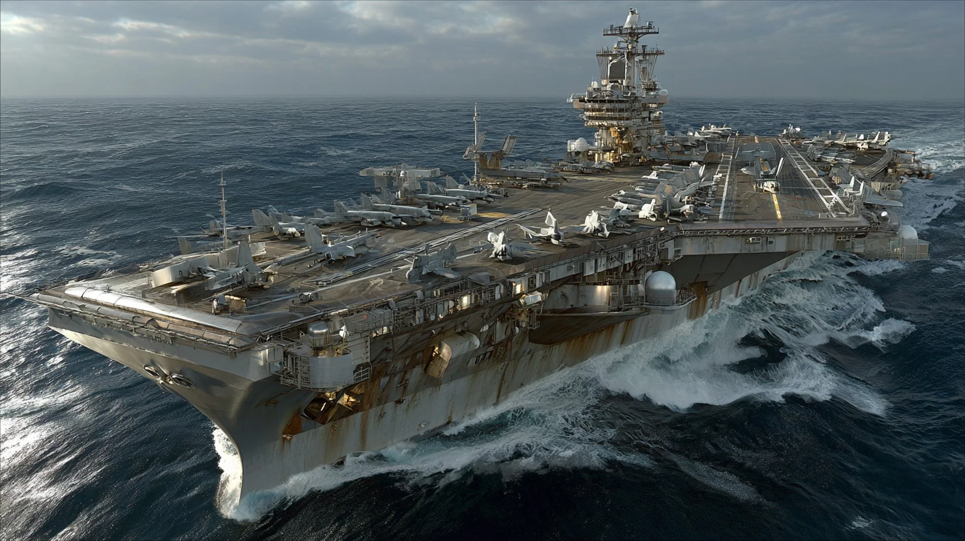 A large military aircraft carrier sailing on ocean water with fighter jets on deck.
Generated with POMPR-PRO. Navy Vehicles reel.