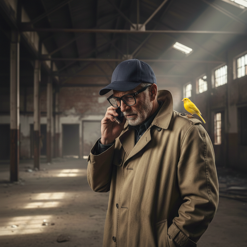 Detective in abandoned warehouse with canary sidekick. Prompted with POMPR.