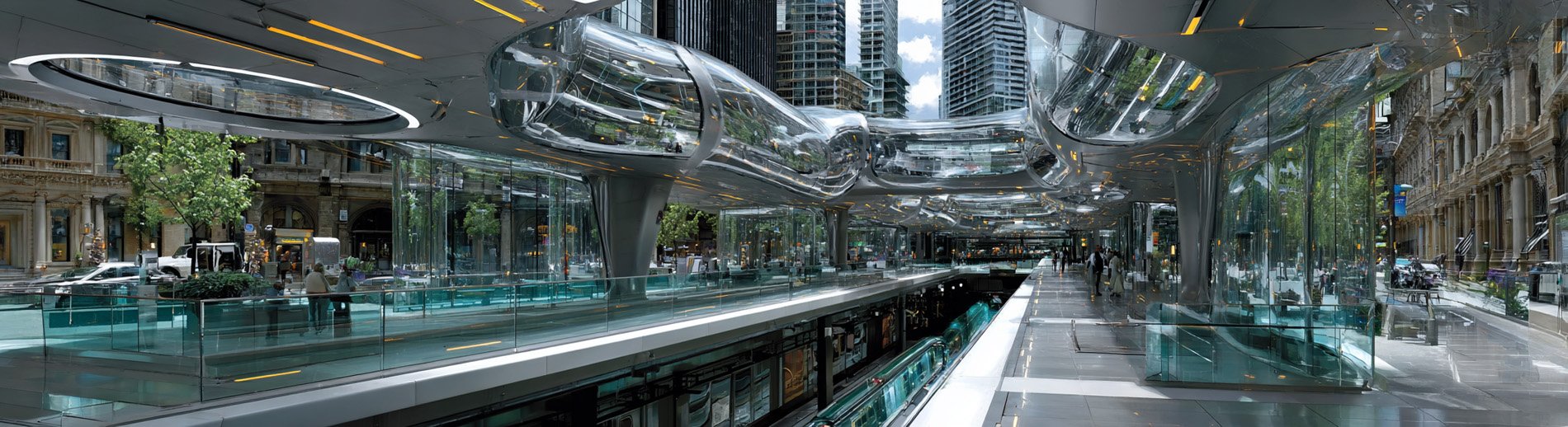 Futuristic urban subway station with reflective, metallic, curved architecture, glass walls, and an escalator leading down, surrounded by city buildings and trees. Do locations sets with scenes only! Check out the pompr store! Army reel.