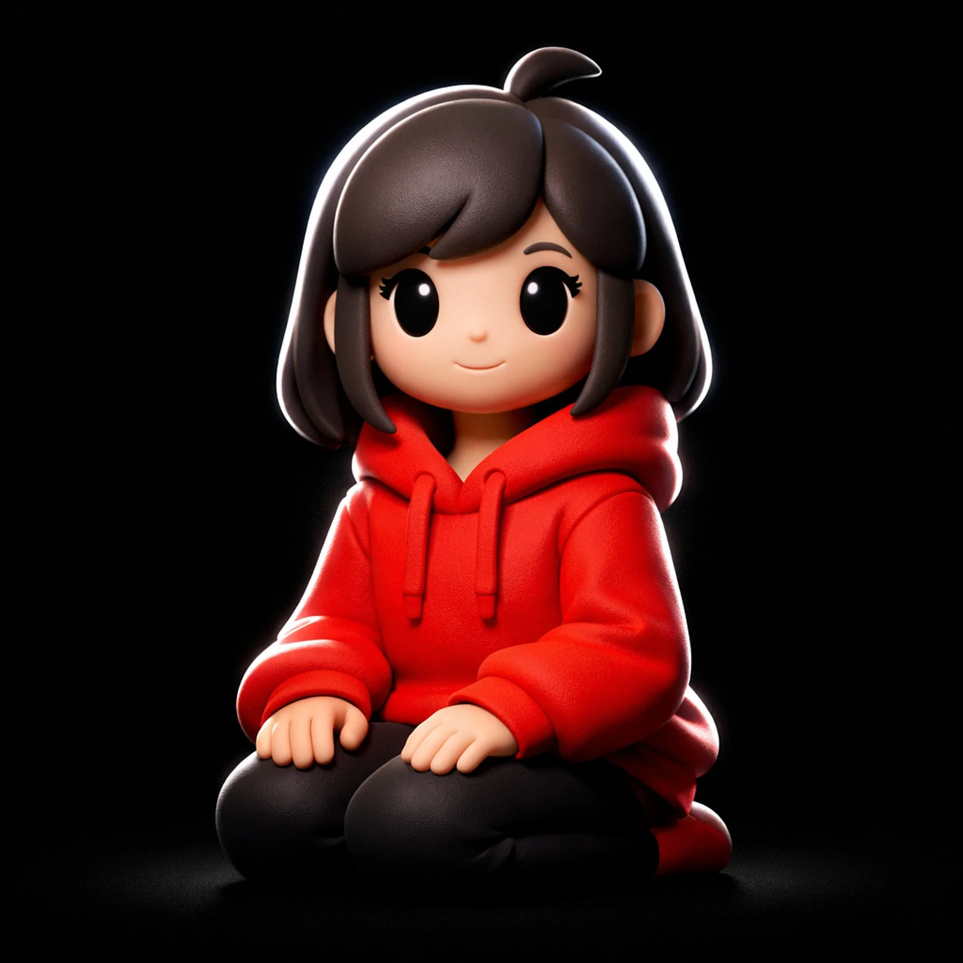A cute cartoonish figure of a girl with black hair, wearing a red hoodie and black pants, sitting cross-legged on a black background. Generated with POMPR-PRO.