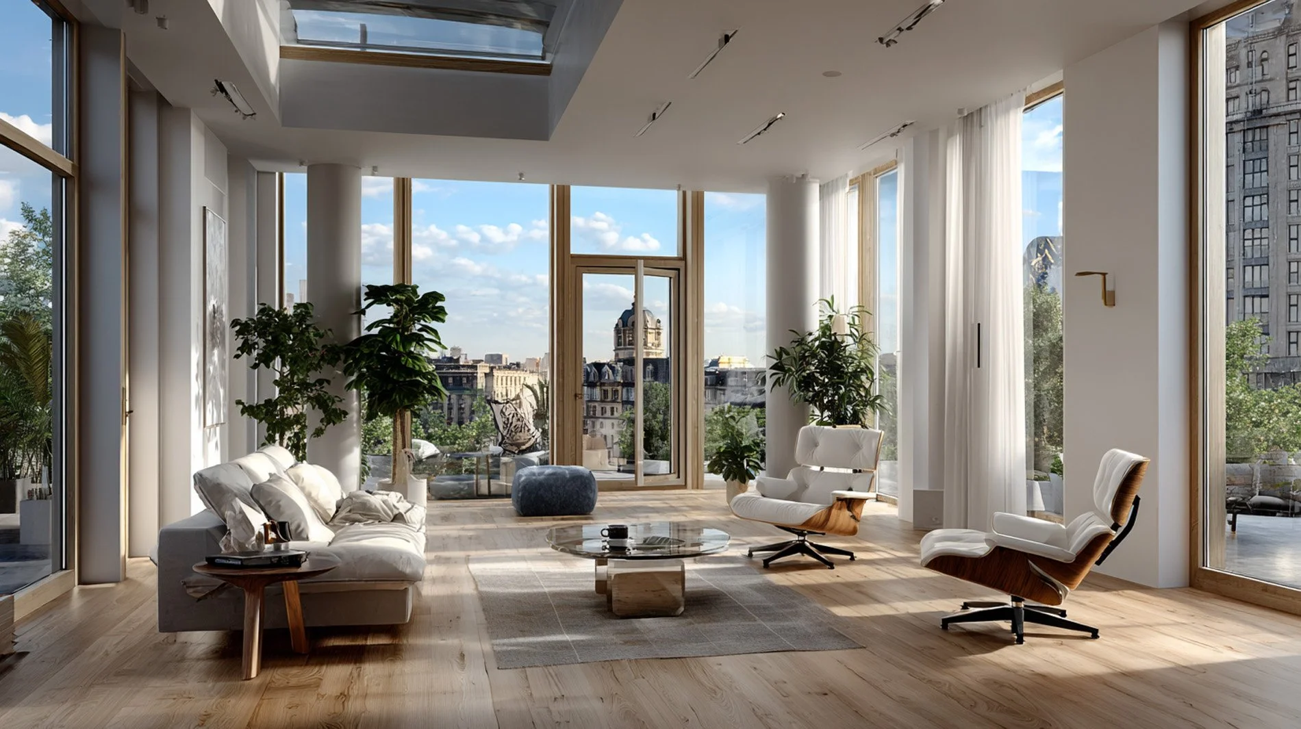 Modern living room with large windows showing cityscape view, white sofa, two white and wood armchairs, glass coffee table, and indoor plants. Generate establishing shots for storyboards, productions sets, videos.