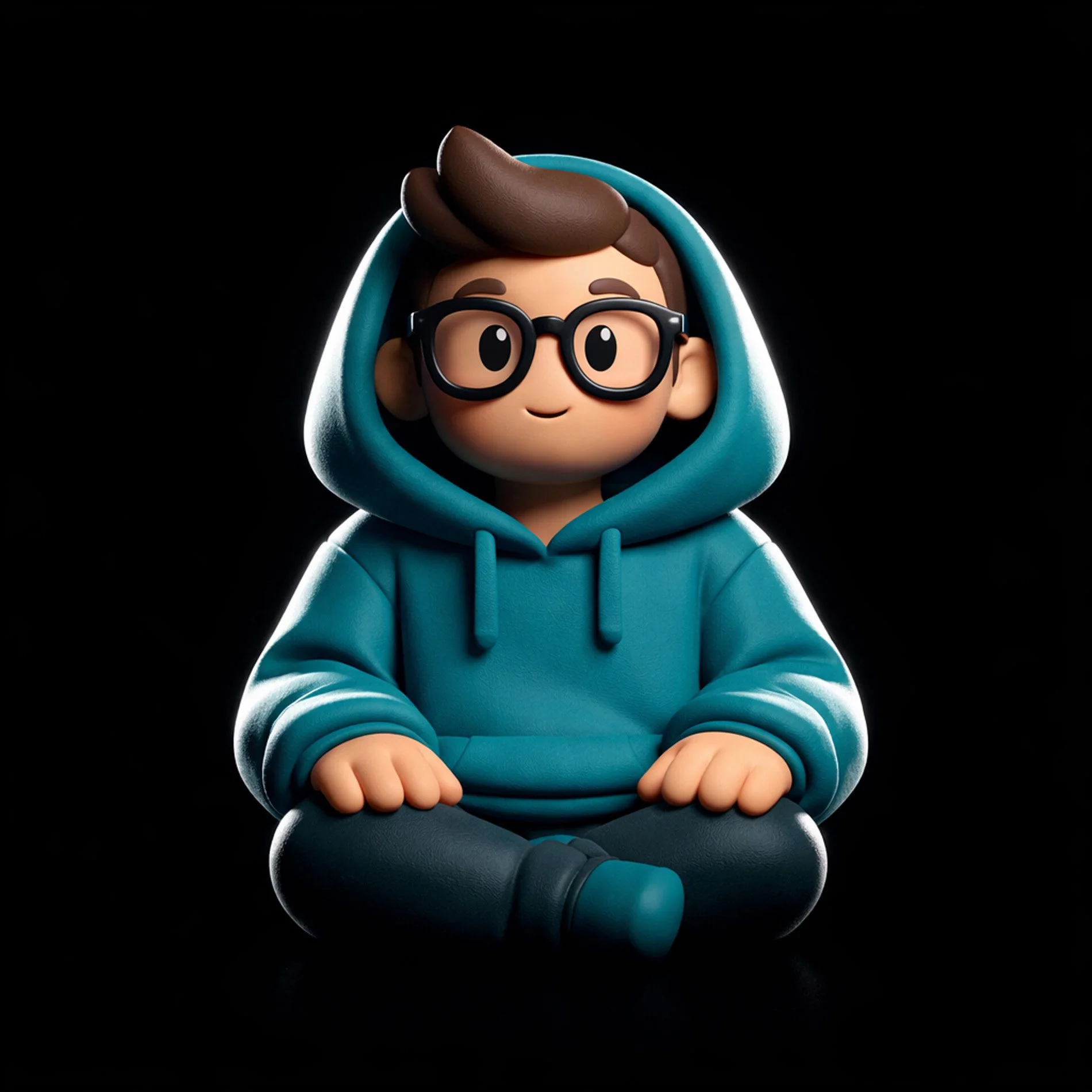 3D animated cartoon character of a young boy with eyeglasses, brown hair, wearing a blue hoodie and black pants, sitting cross-legged on a black background. Generated with POMPR-PRO.