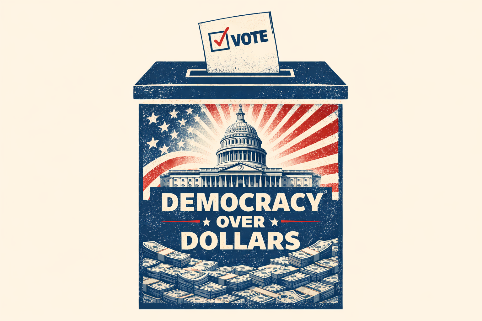 Vote paper stuffed in a ballot box with red, white, blue flag background, capitol building on top, in white text Democracy Over Dollars in middle, stacks of U.S. dollars on bottom