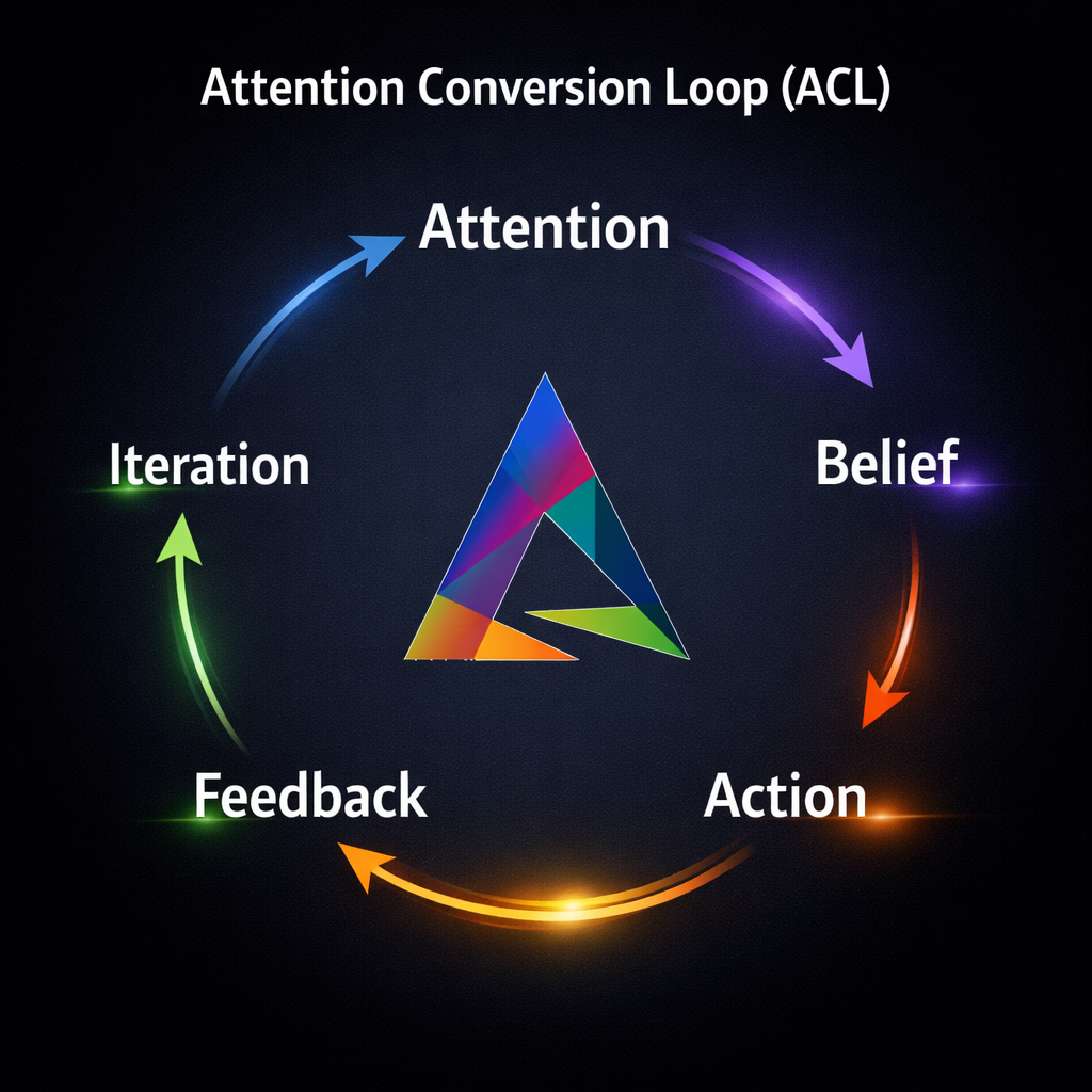 Diagram of the Attention Conversion Loop (ACL) showing a cycle of steps: Attention, Belief, Action, Feedback, Iteration, with arrows indicating progression in a circular pattern, centered around a colorful triangular shape.