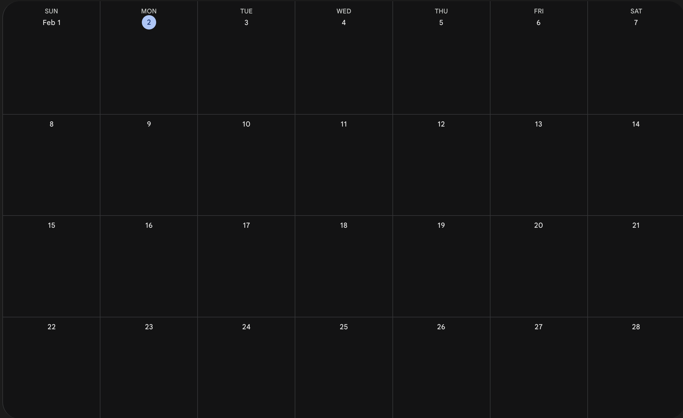 Black calendar page for February 2026, with days of the week and dates, highlighting February 2nd in blue.