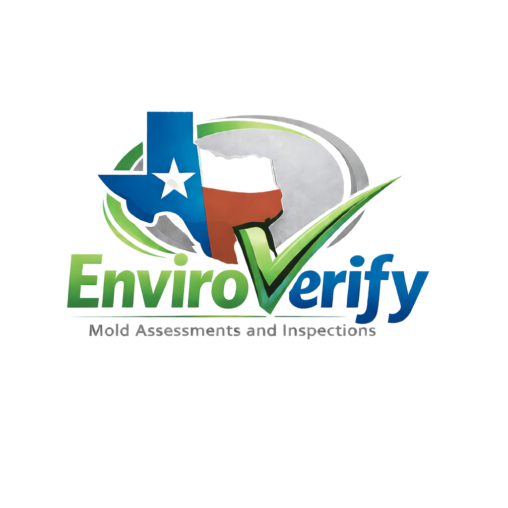Logo for EnvironVerify, a company focused on mold assessment and inspection, with a checkmark, Texas-shaped emblem, and a colorful layered background.