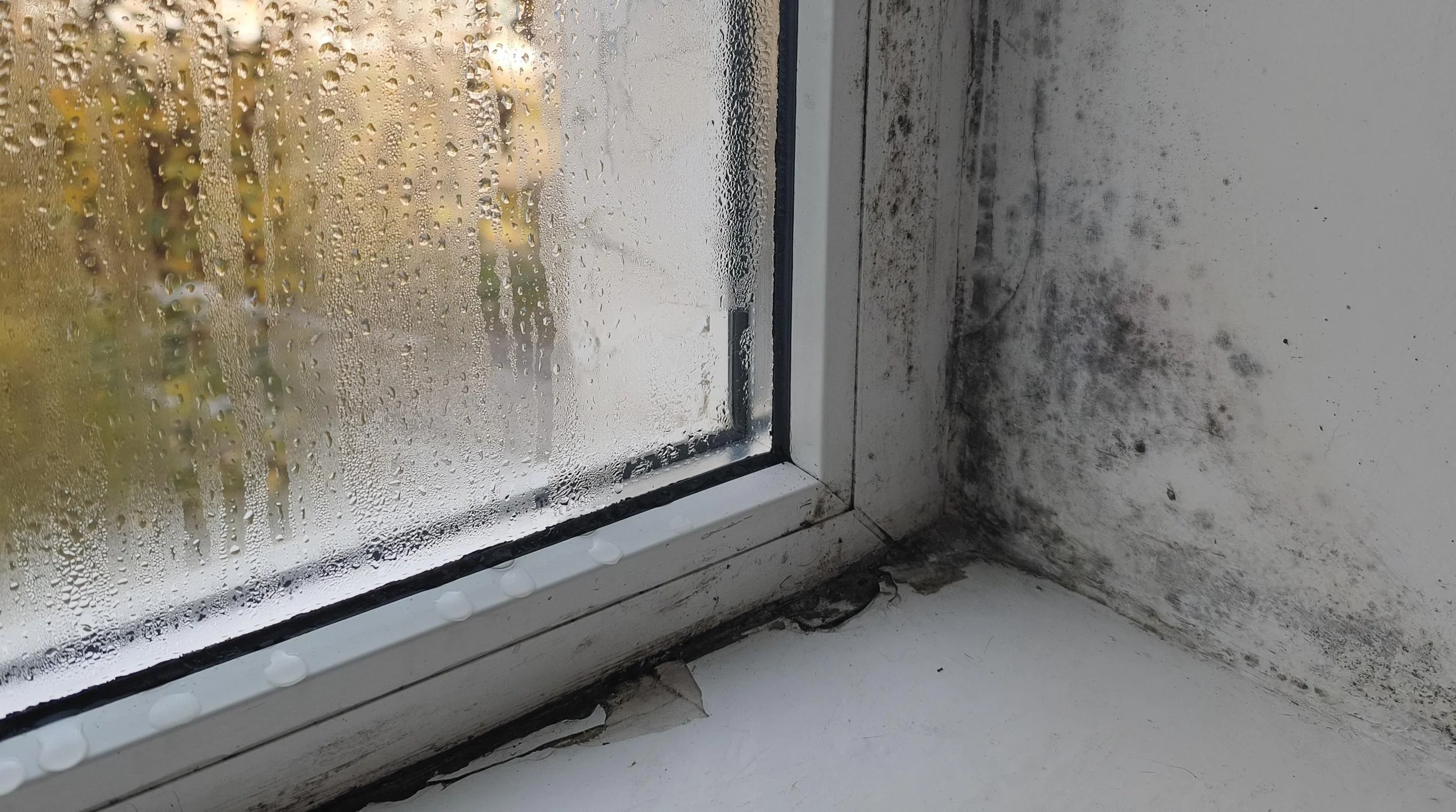 Close-up of a rain-covered window with water droplets on the glass. The window frame appears dirty, with mold or mildew buildup around the edges, especially in the corner.