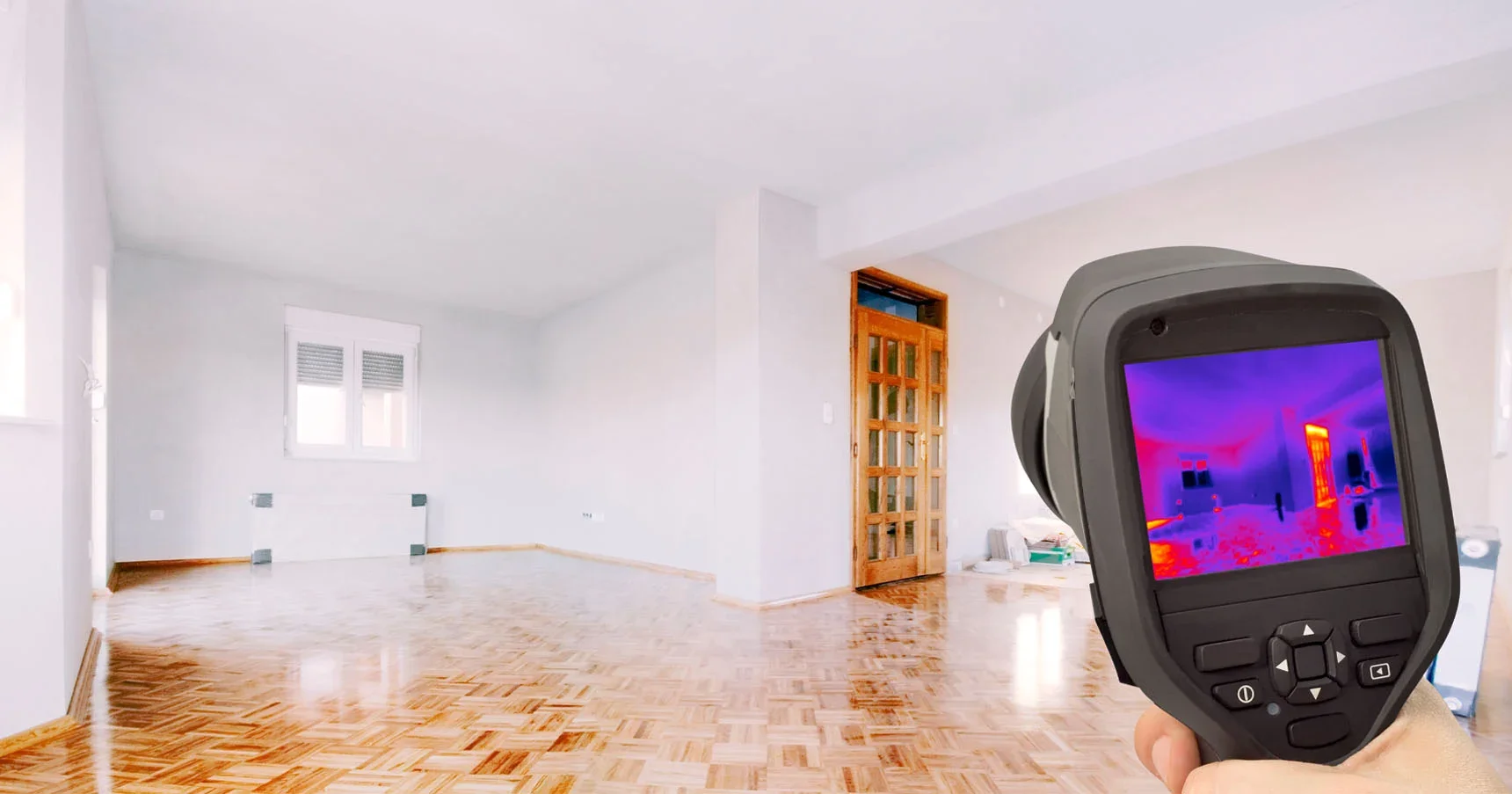 Thermal imaging camera showing the interior of an empty room with wooden flooring, white walls, a window, and a wooden door, with some construction materials in the corner.