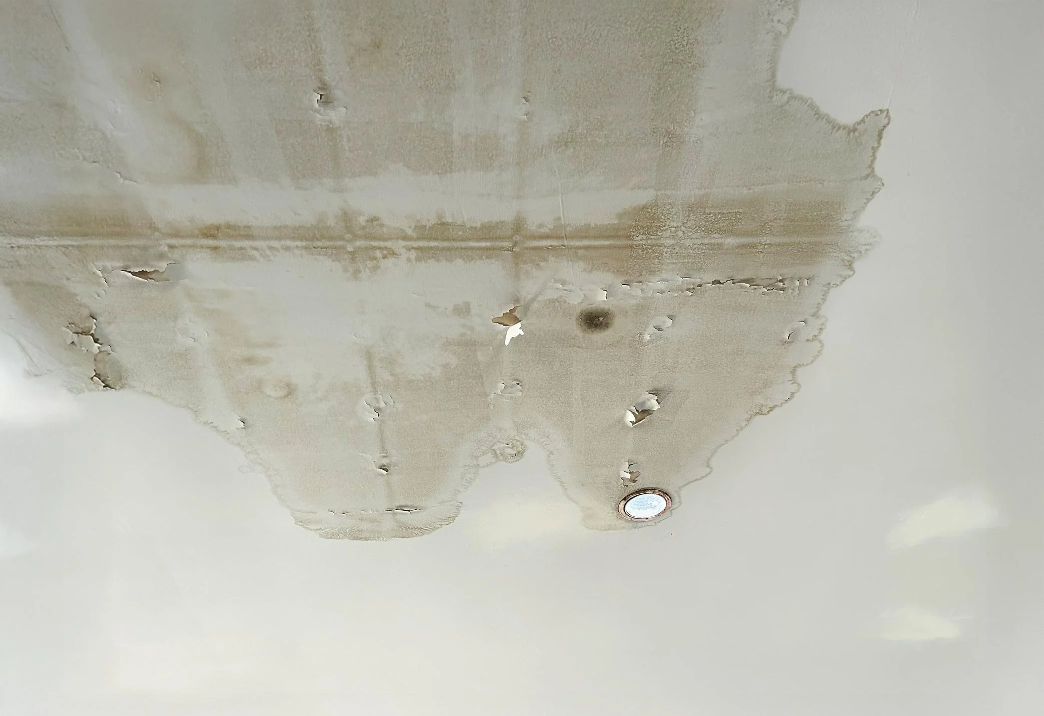 Ceiling with water damage and peeling paint near a recessed light fixture.