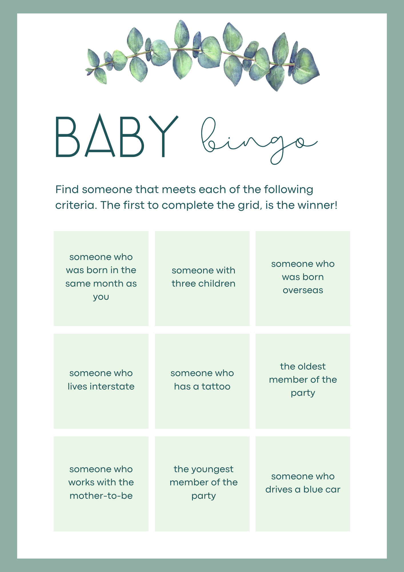 Baby Bingo | Baby Shower Game